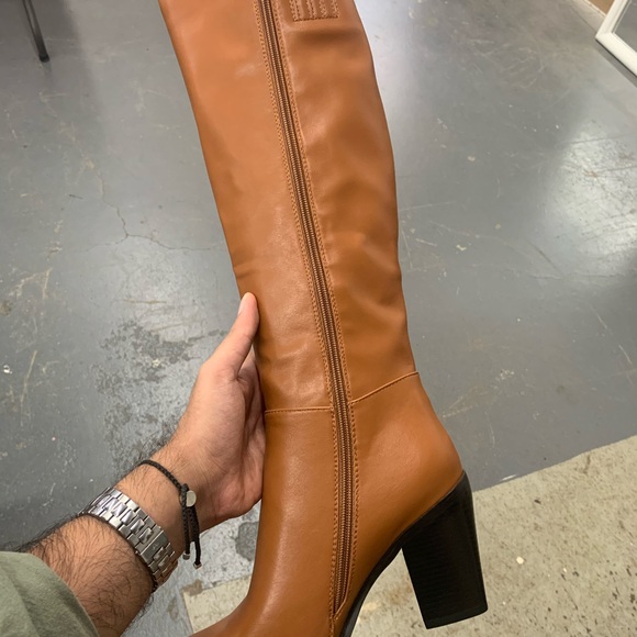 Women’s Pointed Toe Zip Block Heeled Long Boot in Camel Faux Leather - Picture 8 of 12